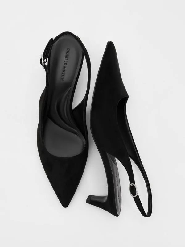 Women Faux Suede PointedToe KittenHeel Slingback Pumps 8211 Black Textured CHARLES and KEITH Heels