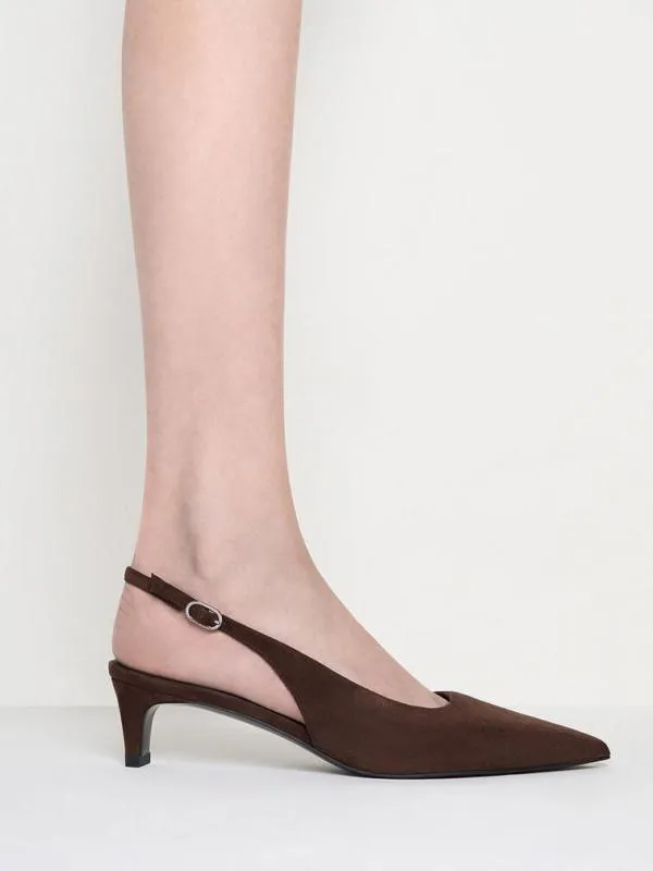 Women Faux Suede PointedToe KittenHeel Slingback Pumps 8211 Dark Brown CHARLES and KEITH Heels
