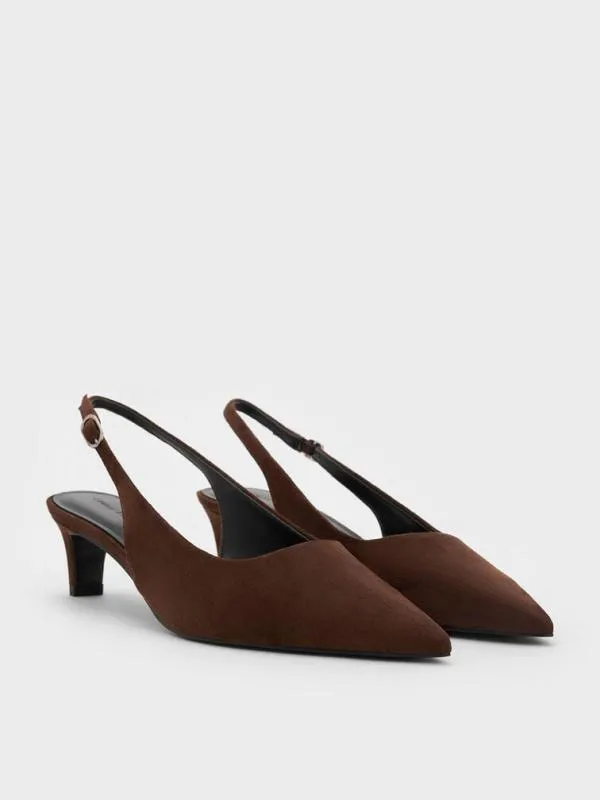 Women Faux Suede PointedToe KittenHeel Slingback Pumps 8211 Dark Brown CHARLES and KEITH Heels
