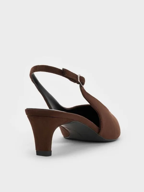 Women Faux Suede PointedToe KittenHeel Slingback Pumps 8211 Dark Brown CHARLES and KEITH Heels