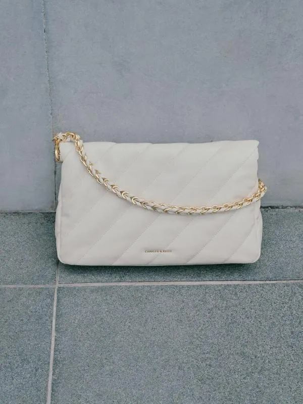 Women Fawn Panelled ChainHandle Shoulder Bag 8211 Cream CHARLES and KEITH Slouchy Bags