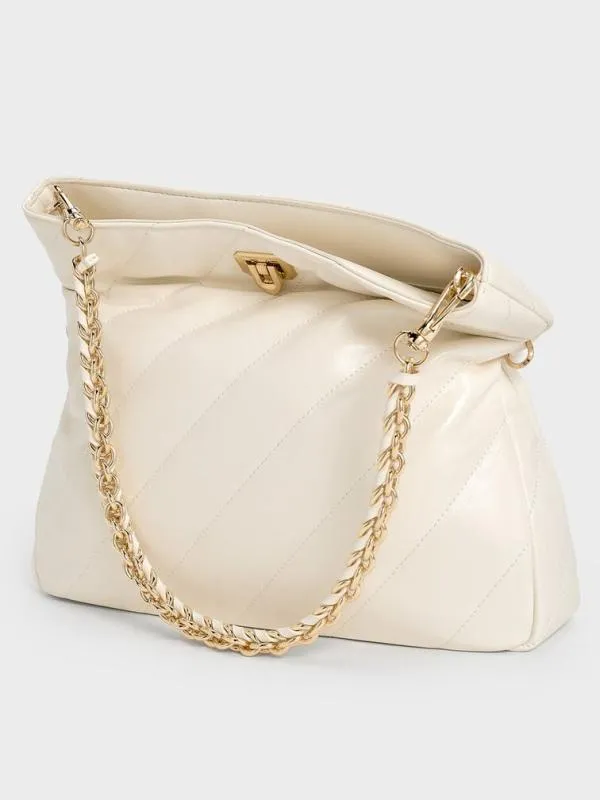 Women Fawn Panelled ChainHandle Shoulder Bag 8211 Cream CHARLES and KEITH Slouchy Bags