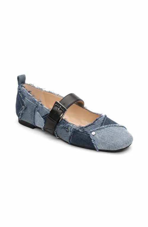 Women Flats Liverpool Los Angeles Oakpark Patchwork Frayed Denim Ballerina Flat Lt Blue Indigo