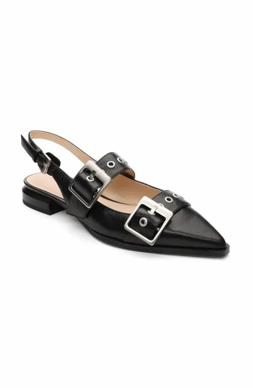 Women Flats Liverpool Los Angeles Villa Leather Slingback With Double Buckle Black