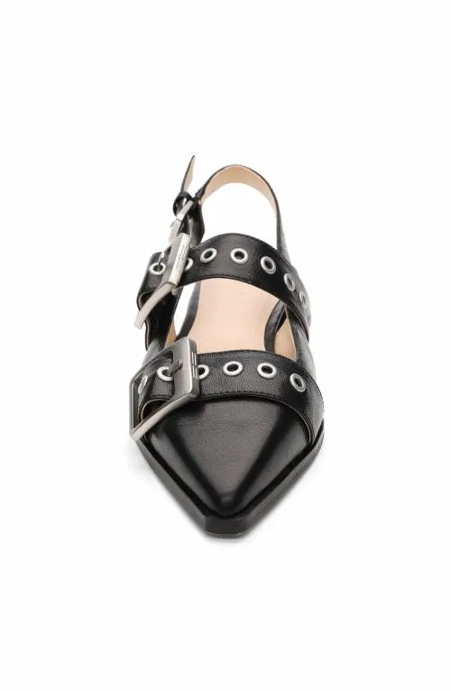 Women Flats Liverpool Los Angeles Villa Leather Slingback With Double Buckle Black