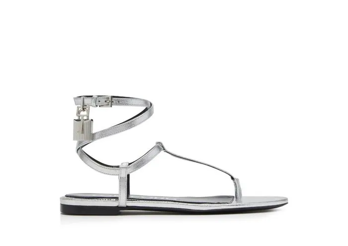 Women Flats Tom Ford Laminated Leather Padlock Sandal Silver