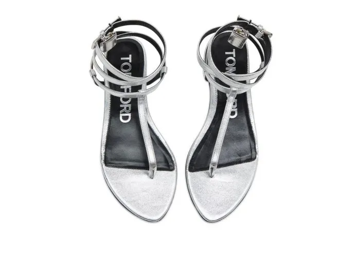 Women Flats Tom Ford Laminated Leather Padlock Sandal Silver Women Flats Tom Ford Laminated Leather Padlock Sandal Silver