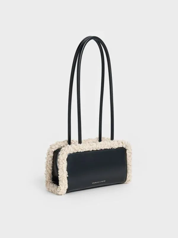 Women FurTrim ElongatedHandle Shoulder Bag 8211 Chalk CHARLES and KEITH Shoulder Bags