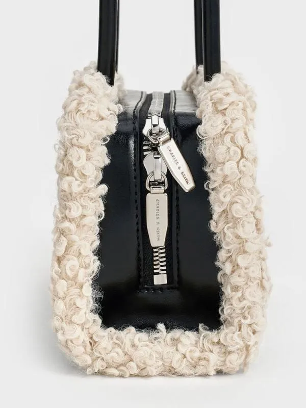 Women FurTrim ElongatedHandle Shoulder Bag 8211 Chalk CHARLES and KEITH Shoulder Bags