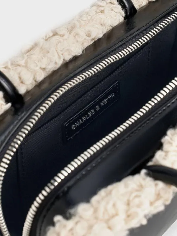 Women FurTrim ElongatedHandle Shoulder Bag 8211 Chalk CHARLES and KEITH Shoulder Bags