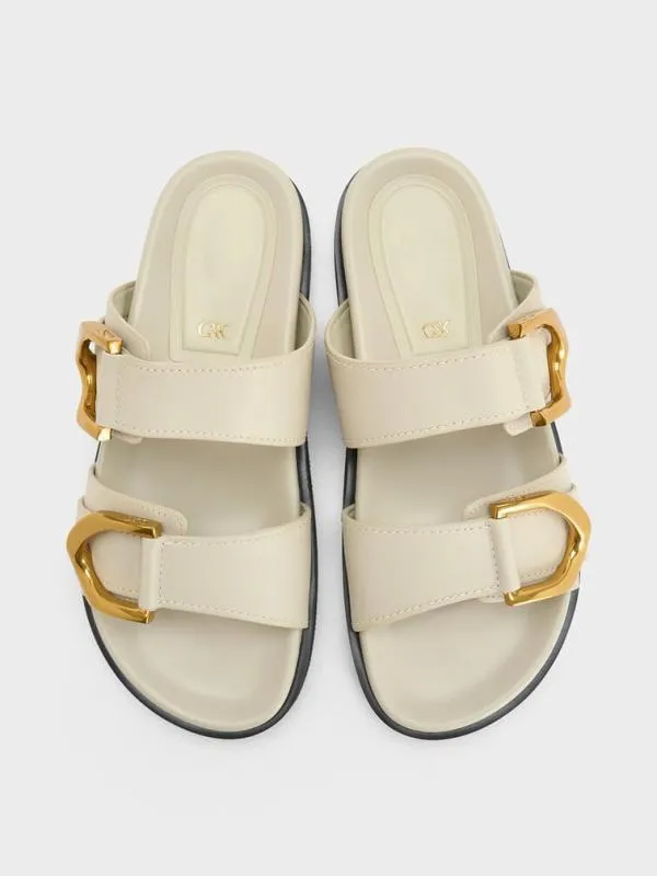 Women Gabine Buckled Leather Slides 8211 Chalk CHARLES and KEITH Sandals
