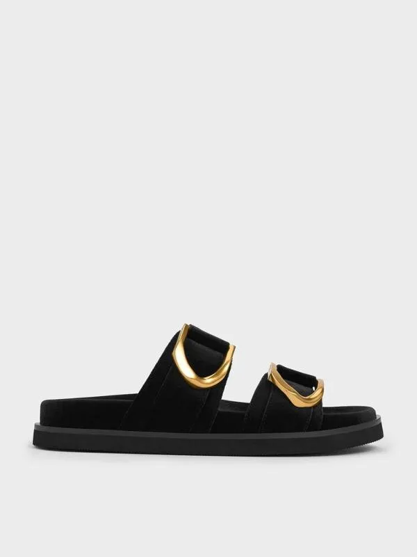 Women Gabine Velvet Buckle Sandals 8211 Black Textured CHARLES and KEITH Sandals