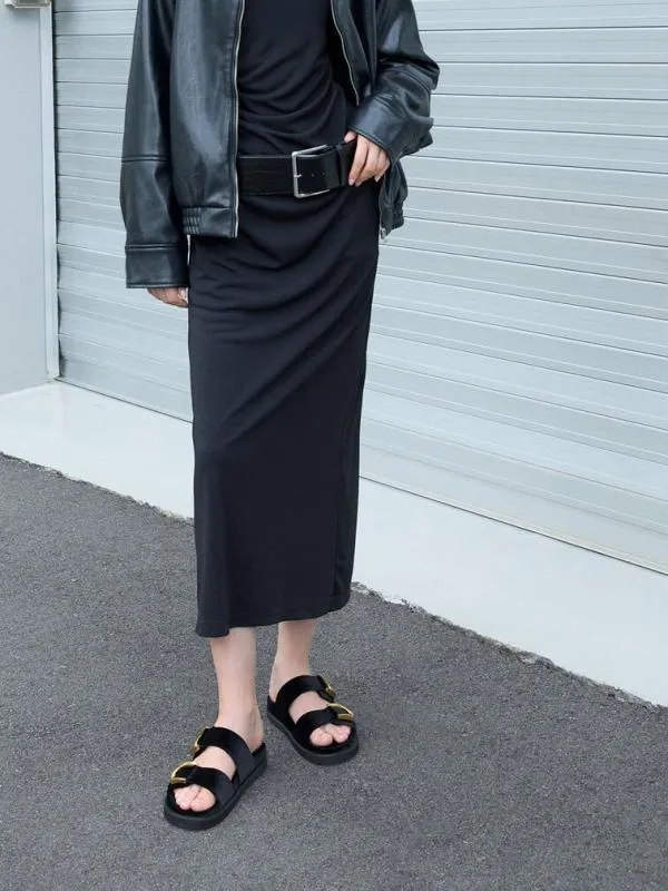 Women Gabine Velvet Buckle Sandals 8211 Black Textured CHARLES and KEITH Sandals