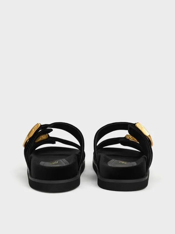 Women Gabine Velvet Buckle Sandals 8211 Black Textured CHARLES and KEITH Sandals