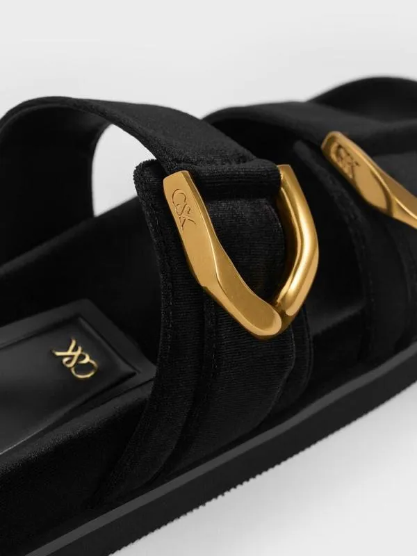Women Gabine Velvet Buckle Sandals 8211 Black Textured CHARLES and KEITH Sandals
