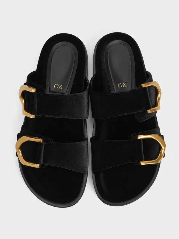 Women Gabine Velvet Buckle Sandals 8211 Black Textured CHARLES and KEITH Sandals