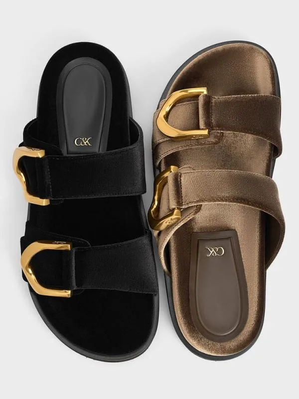Women Gabine Velvet Buckle Sandals 8211 Black Textured CHARLES and KEITH Sandals