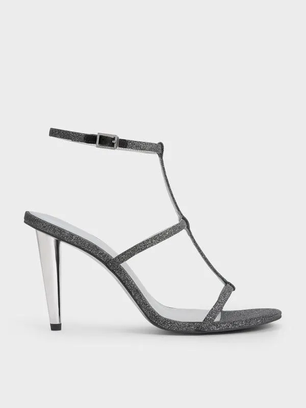 Women Glittered TBar AnkleStrap Sandals 8211 Black Textured CHARLES and KEITH Heels Women Glittered TBar AnkleStrap Sandals 8211 Black Textured CHARLES and KEITH Heels