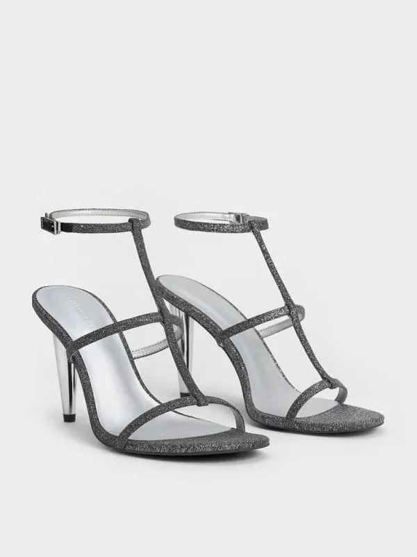 Women Glittered TBar AnkleStrap Sandals 8211 Black Textured CHARLES and KEITH Heels