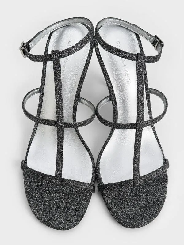 Women Glittered TBar AnkleStrap Sandals 8211 Black Textured CHARLES and KEITH Heels