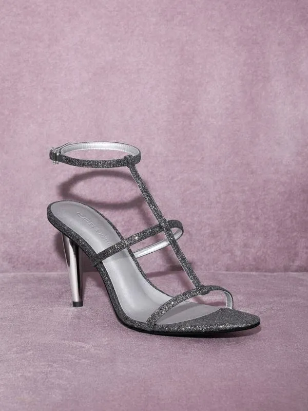 Women Glittered TBar AnkleStrap Sandals 8211 Black Textured CHARLES and KEITH Heels