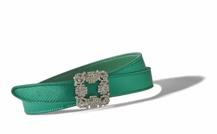 Women Green Satin Crystal Buckled Belt Manolo Blahnik Belts