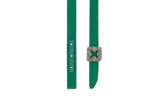Women Green Satin Crystal Buckled Belt Manolo Blahnik Belts