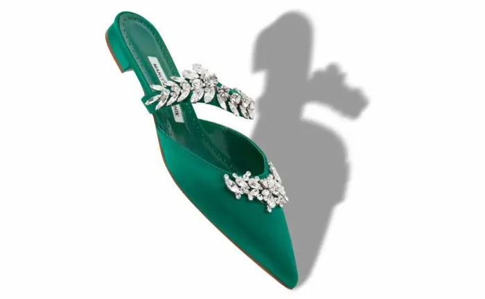 Women Green Satin Crystal Embellished Flat Mules Manolo Blahnik Flats