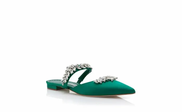 Women Green Satin Crystal Embellished Flat Mules Manolo Blahnik Flats