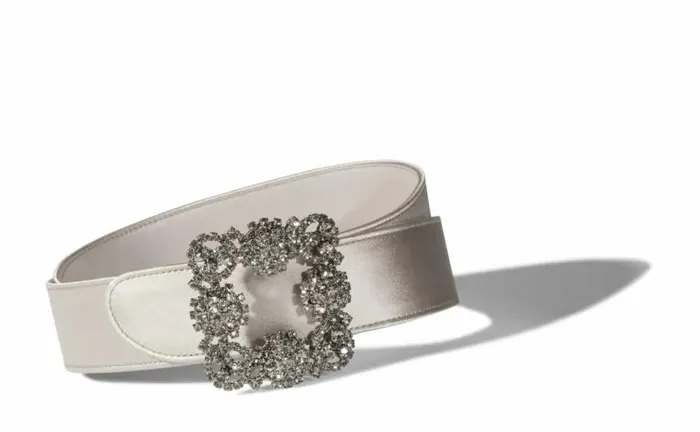 Women Grey Satin Crystal Buckled Belt Manolo Blahnik Belts