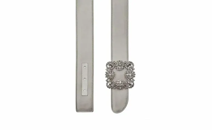 Women Grey Satin Crystal Buckled Belt Manolo Blahnik Belts