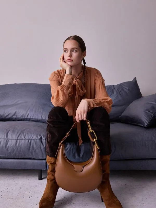 Women Kora MetallicAccent Moon Bag 8211 Chocolate CHARLES and KEITH Hobo Bags