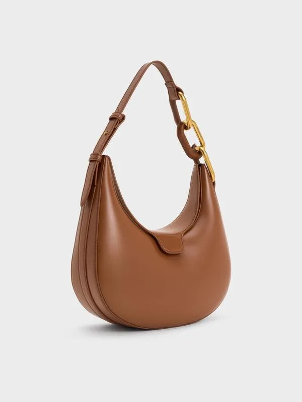 Women Kora MetallicAccent Moon Bag 8211 Chocolate CHARLES and KEITH Hobo Bags