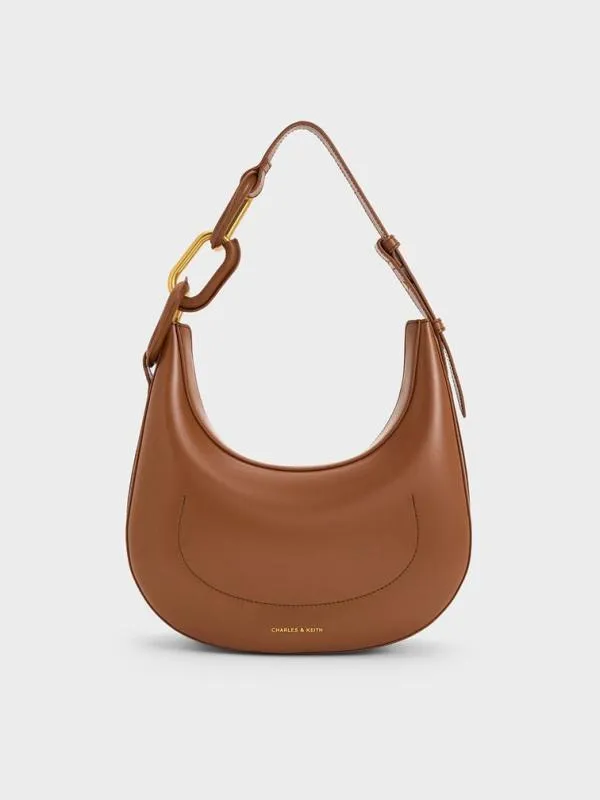 Women Kora MetallicAccent Moon Bag 8211 Chocolate CHARLES and KEITH Hobo Bags
