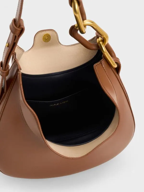 Women Kora MetallicAccent Moon Bag 8211 Chocolate CHARLES and KEITH Hobo Bags