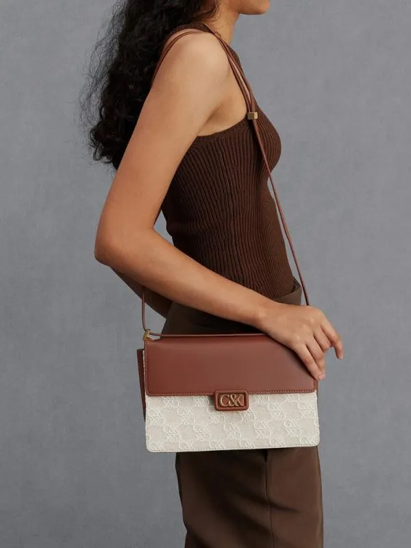 Women Leather and Canvas TwoTone Shoulder Bag 8211 Cognac CHARLES and KEITH Shoulder Bags