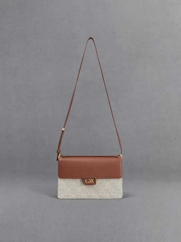 Women Leather and Canvas TwoTone Shoulder Bag 8211 Cognac CHARLES and KEITH Shoulder Bags