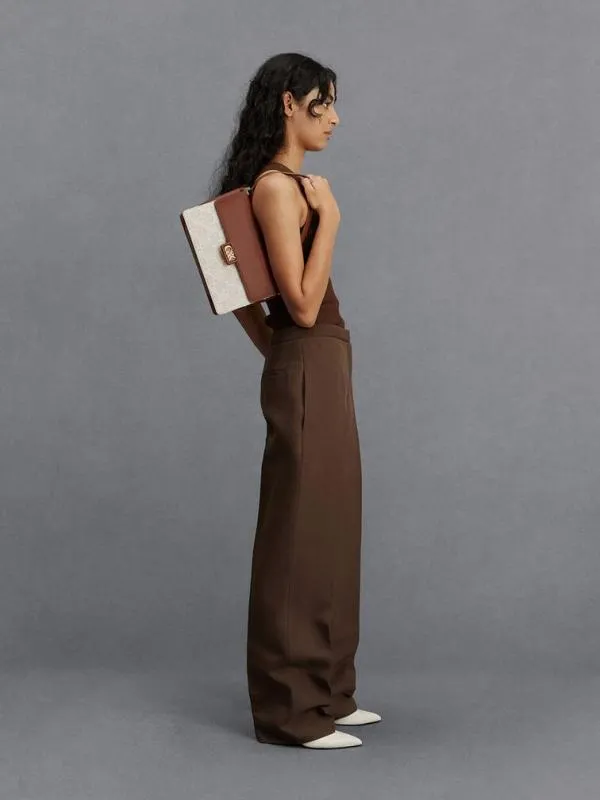 Women Leather and Canvas TwoTone Shoulder Bag 8211 Cognac CHARLES and KEITH Shoulder Bags