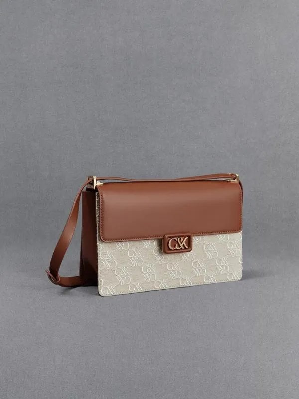 Women Leather and Canvas TwoTone Shoulder Bag 8211 Cognac CHARLES and KEITH Shoulder Bags