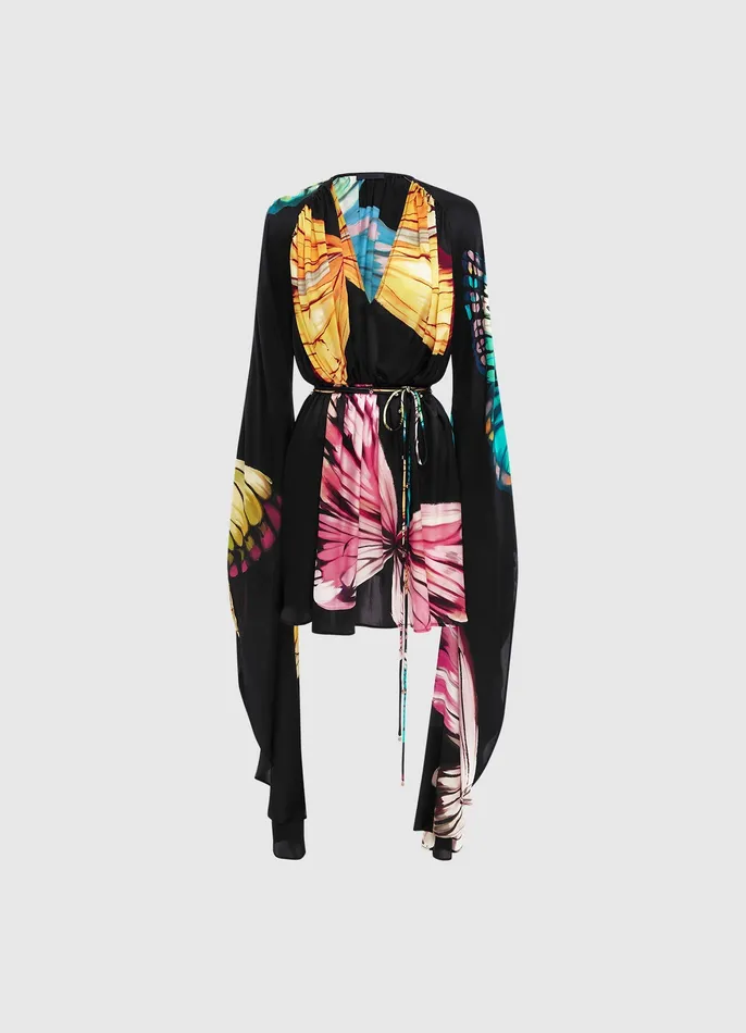 Women LEO LIN Jolie V Neck Mini Dress 8211 Papillon Print in Black Dresses and Jumpsuits