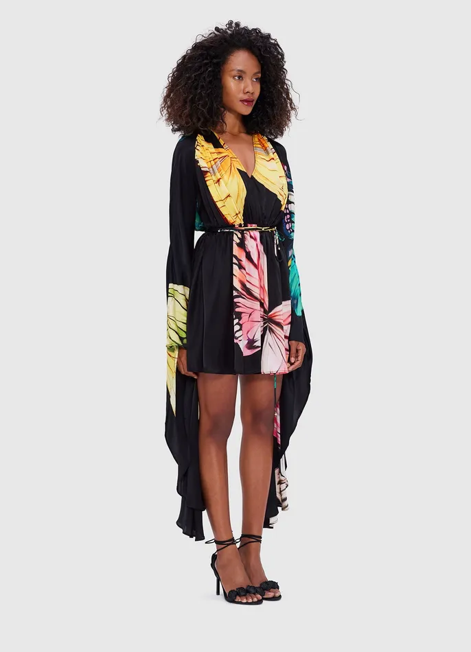 Women LEO LIN Jolie V Neck Mini Dress 8211 Papillon Print in Black Dresses and Jumpsuits