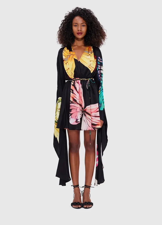 Women LEO LIN Jolie V Neck Mini Dress 8211 Papillon Print in Black Dresses and Jumpsuits