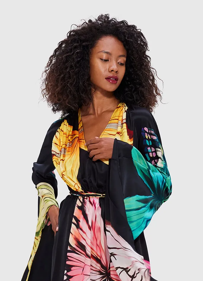 Women LEO LIN Jolie V Neck Mini Dress 8211 Papillon Print in Black Dresses and Jumpsuits