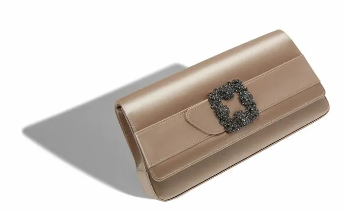 Women Light Beige Satin Jewel Buckle Clutch Manolo Blahnik Gifts For Her