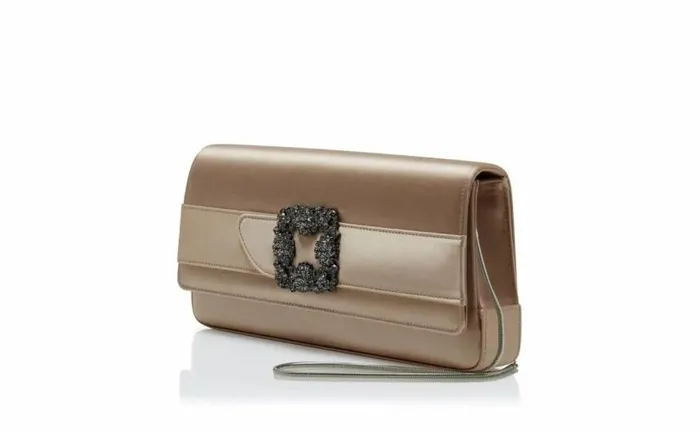 Women Light Beige Satin Jewel Buckle Clutch Manolo Blahnik Gifts For Her