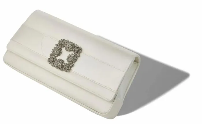 Women Light Cream Satin Jewel Buckle Clutch Manolo Blahnik Gifts For Her