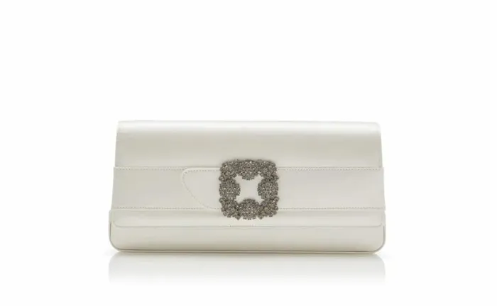 Women Light Cream Satin Jewel Buckle Clutch Manolo Blahnik Gifts For Her