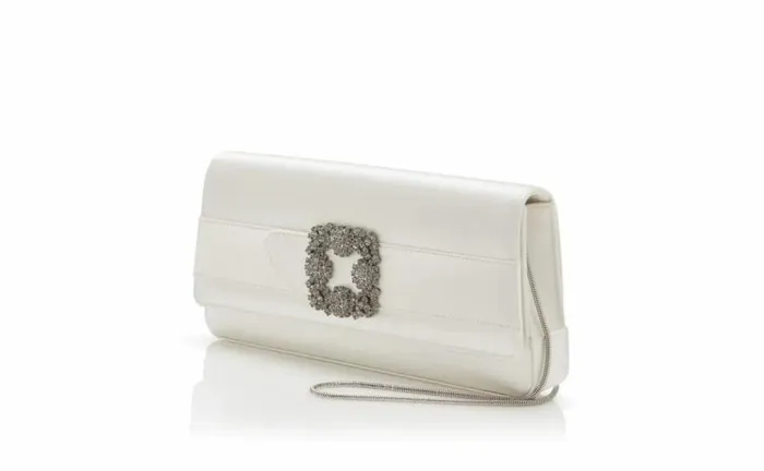 Women Light Cream Satin Jewel Buckle Clutch Manolo Blahnik Gifts For Her