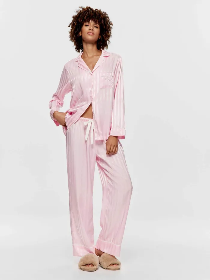 Women Long Pink Stripe Chic Satin Pj Set Pink Peter Alexander Satin