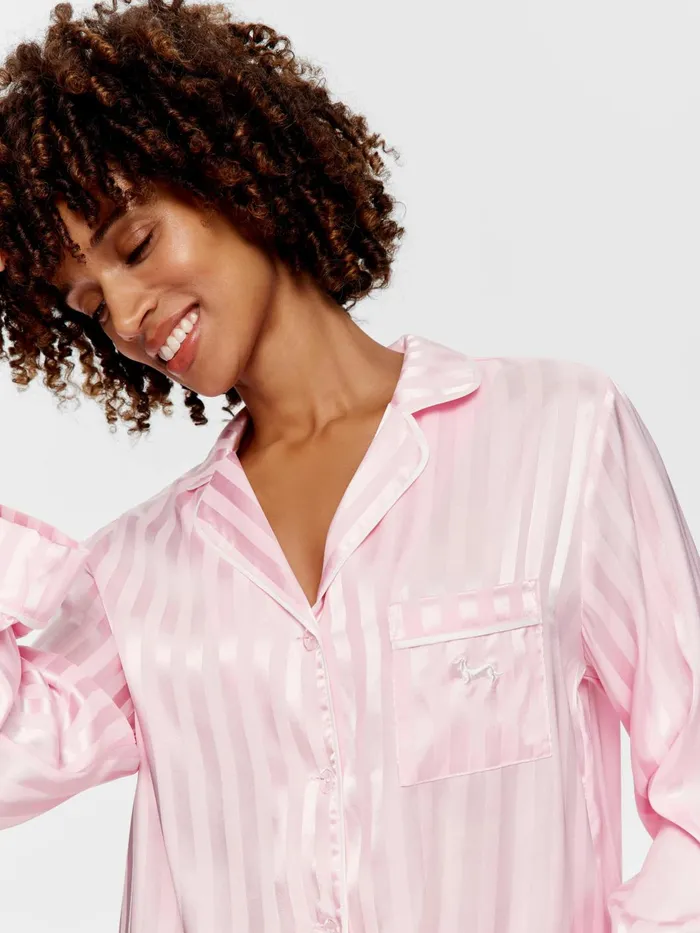 Women Long Pink Stripe Chic Satin Pj Set Pink Peter Alexander Satin